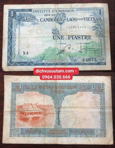 [Tiền Đông Dương] Tờ 1 đồng chùa 2 nóc 3 nước Việt Nam, Lào, Campuchia dùng chung