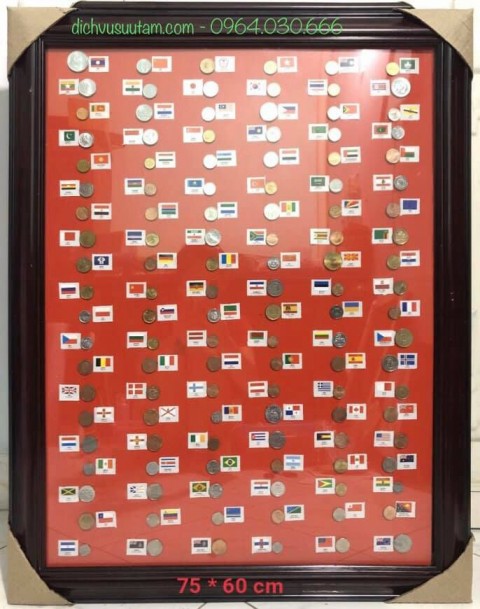 Tranh dán xu 120 quốc gia khác nhau trên thế giới nền đỏ