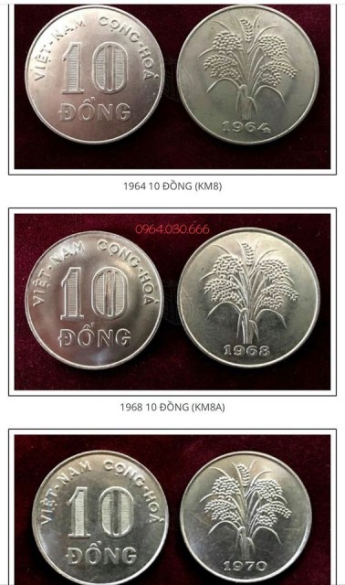 [Xu VNCH] Bộ 3 viên xu 10 đồng Việt Nam Cộng Hòa khác nhau 1964, 1968 và 1970