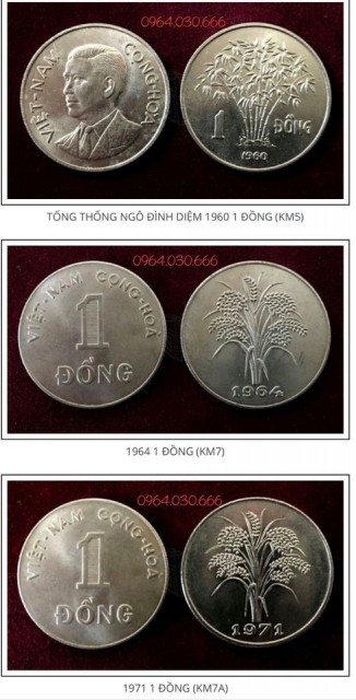 [Xu VNCH] Bộ 3 viên xu 1 đồng Việt Nam cộng hòa khác nhau 1960, 1964 và 1971