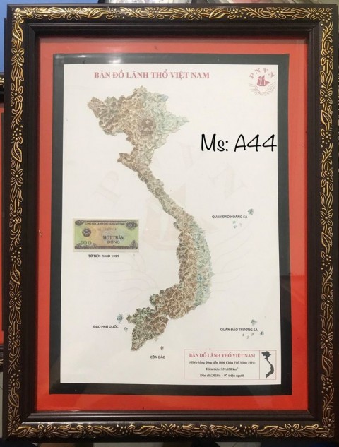 [Bản đồ VN] 100 đồng chùa Phổ Minh 1991, xé dán thủ công bản đồ Việt Nam