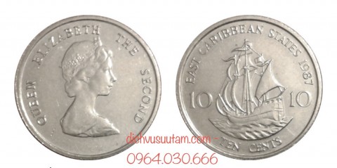Đồng xu 10 Cent Đông Caribe Nữ Hoàng Elizabeth 18.6mm