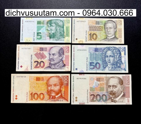Bộ tiền lưu hành Croatia 6 mệnh giá khác nhau sưu tầm