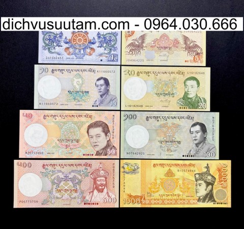 Bộ tiền Bhutan 8 mệnh giá khác nhau sưu tầm