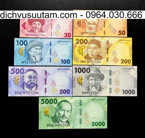 Bộ tiền lưu hành Kyrgyzstan 7 mệnh giá khác nhau sưu tầm