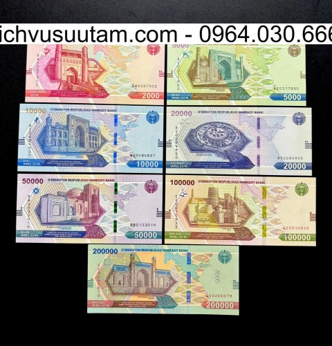 Bộ tiền lưu hành Uzbekistan 7 mệnh giá khác nhau sưu tầm