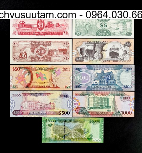 Bộ tiền Cộng hoà Guyana 9 mệnh giá khác nhau sưu tầm