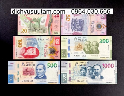 Bộ tiền lưu hành Mexico 6 mệnh giá khác nhau sưu tầm