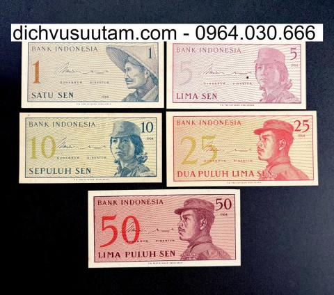 Bộ tiền xưa Indonesia 5 tờ mệnh giá nhỏ sưu tầm