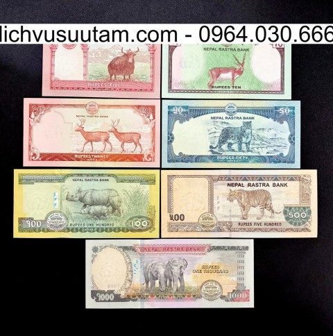 Bộ tiền lưu hành Nepal 7 mệnh giá khác nhau sưu tầm