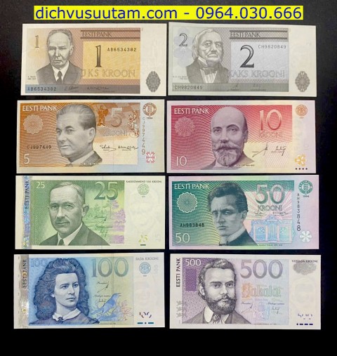 Bộ tiền Cộng hoà Estonia 8 mệnh giá khác nhau sưu tầm