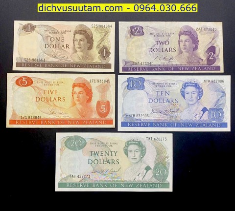 Bộ tiền xưa New Zealand 5 mệnh giá khác nhau sưu tầm