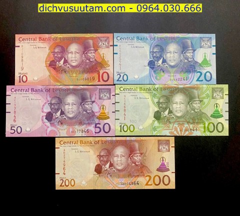 Bộ tiền lưu hành Lesotho 5 mệnh giá khác nhau sưu tầm