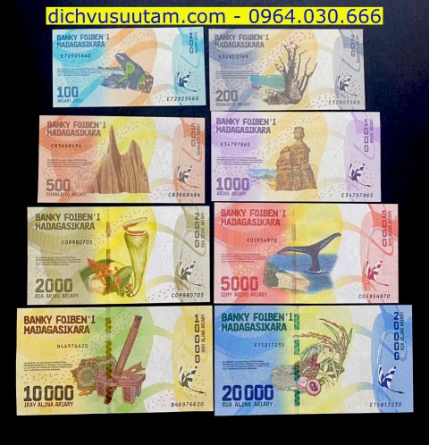 Bộ tiền lưu hành Madagascar 8 mệnh giá khác nhau sưu tầm