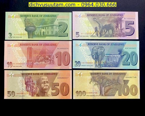 Bộ tiền Zimbabwe phiên bản mới 6 mệnh giá khác nhau sưu tầm
