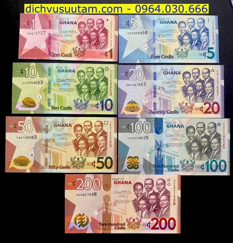 Bộ tiền lưu hành Ghana 7 tờ khác nhau sưu tầm
