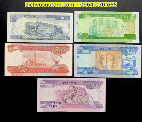 Bộ tiền lưu hành Ethiopia 5 mệnh giá khác nhau sưu tầm