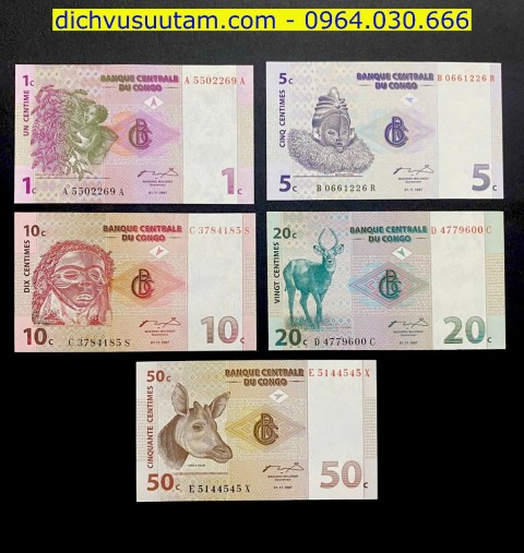 Bộ tiền xưa Congo 5 mệnh giá khác nhau sưu tầm